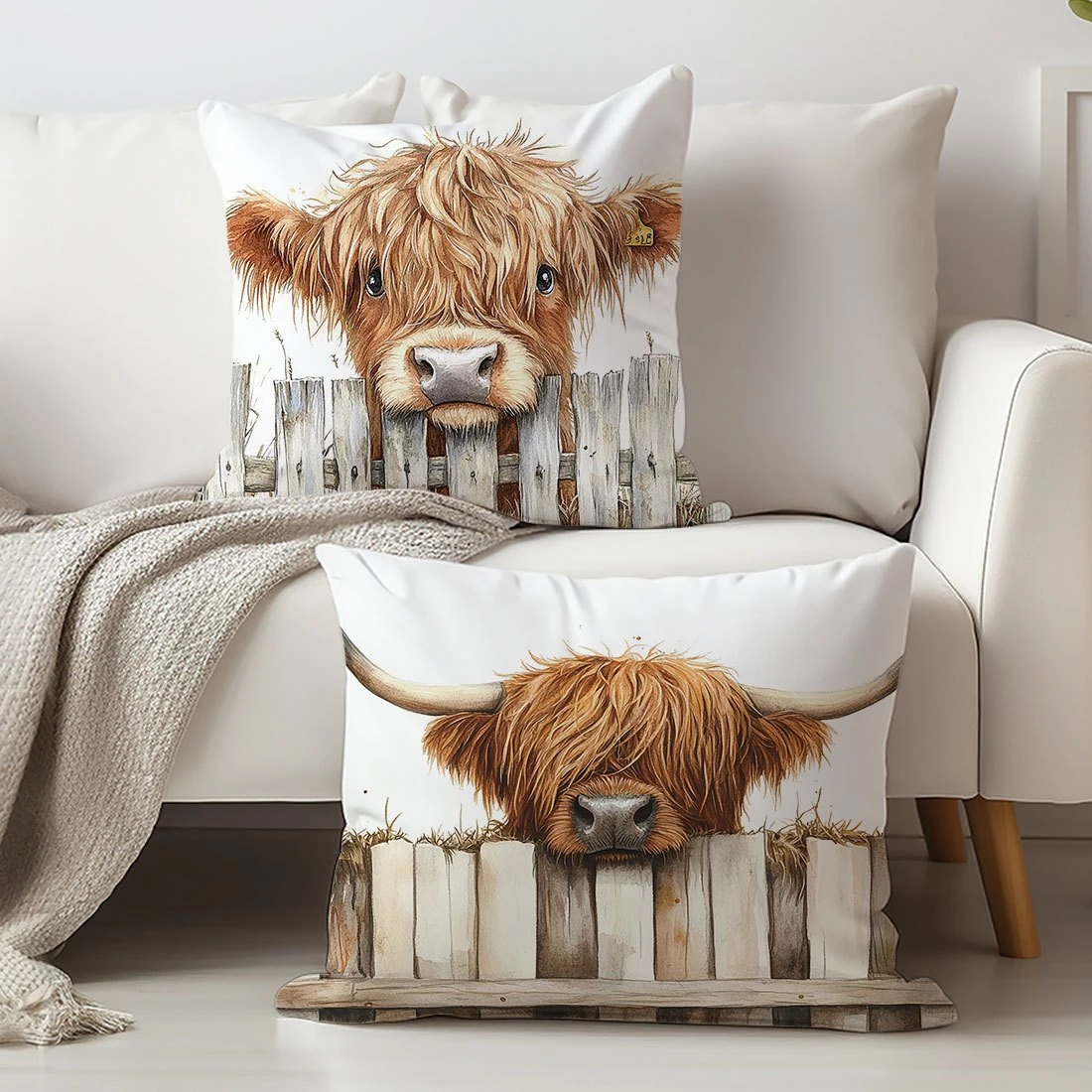 2pcs Rustic Highland Cow Decorative Throw Pillow Covers Farmhouse Animal Print Cushion Cases for Sofa Bedroom