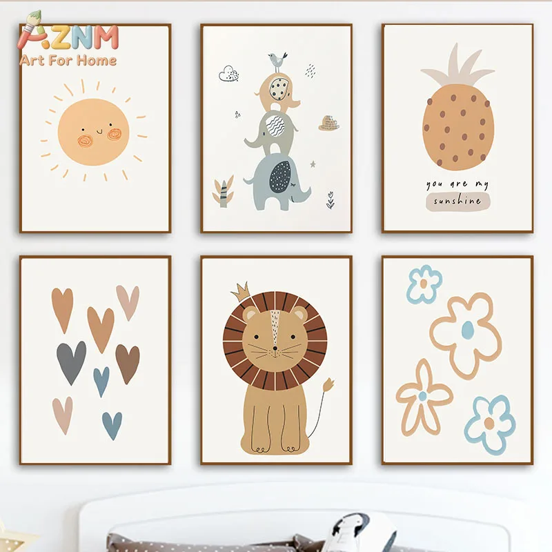 AZNM Boho Neutral Kids Canvas Wall Art Cute Lion Stacked Elephant Sun Pineapple Heart Floral Inspirational Nursery Unframed Canv