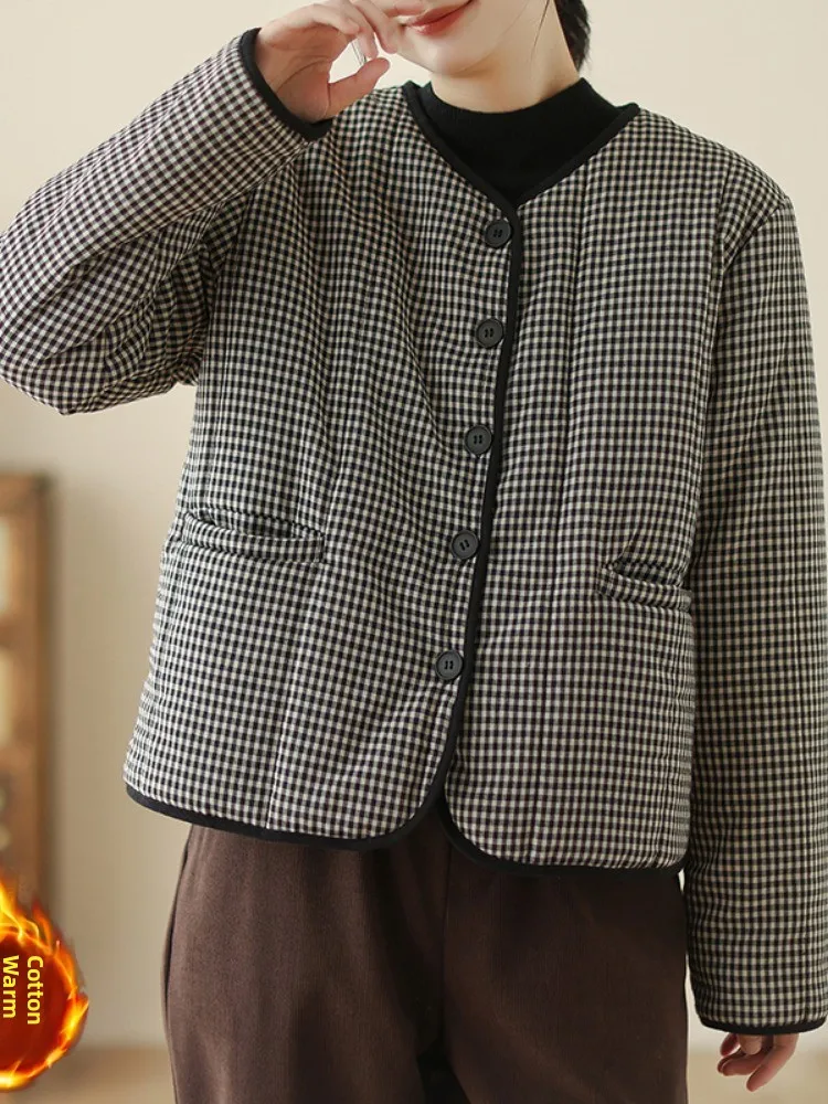 Thickened Cotton Quilted Outerwear Women's Winter Coat Artistic Plaid Loose Fit Home Wear Long Sleeve Button up Warm Coat 4
