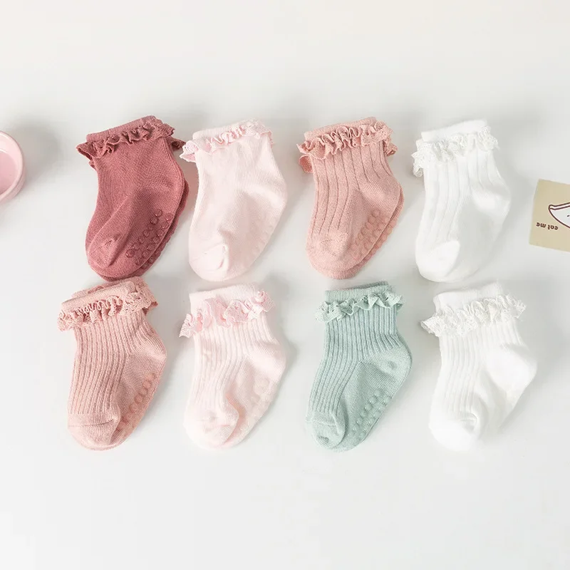 3 Pairs/Lot Baby Socks Infant Newborn Cotton Solid Color Lace Ruffle Cute Baby Floor Sock Ati-slip Baby Girl Clothes Accessories