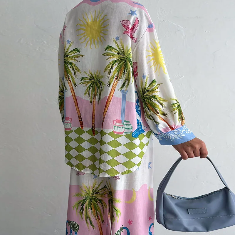 Autumn Fashion Printed Linen Tops & Long Pant Sets Summer Woman Beach Holiday Suit Casual Loose High Waist Wide Leg 2 Piece Sets