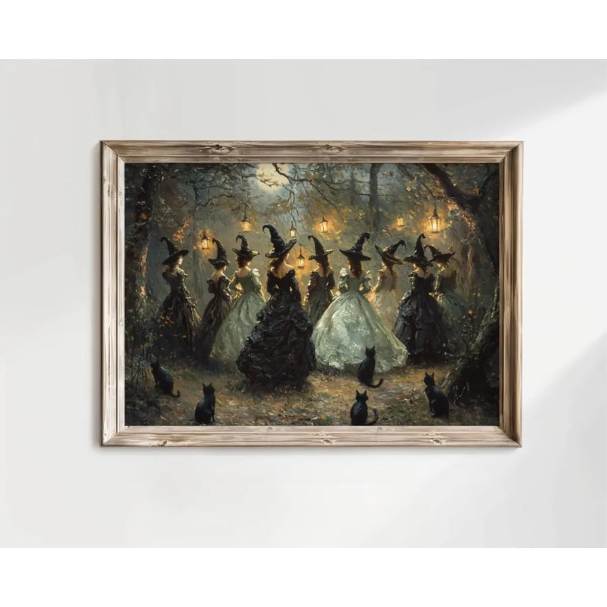 Midnight Gathering of Witches and Black Cats Canvas Print Poster Vinatge Dark Halloween Art Prints Wall Art Home Decor Gifts
