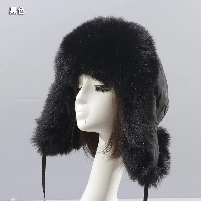 ขนสัตว์ Ushanka ผู้หญิงหนา WARM FUR Ball Earflaps หมวกฤดูหนาวขนแกะเรียงรายขนสัตว์เทียม Fox FUR Northeast ผ้าฝ้ายเบาะหมวก