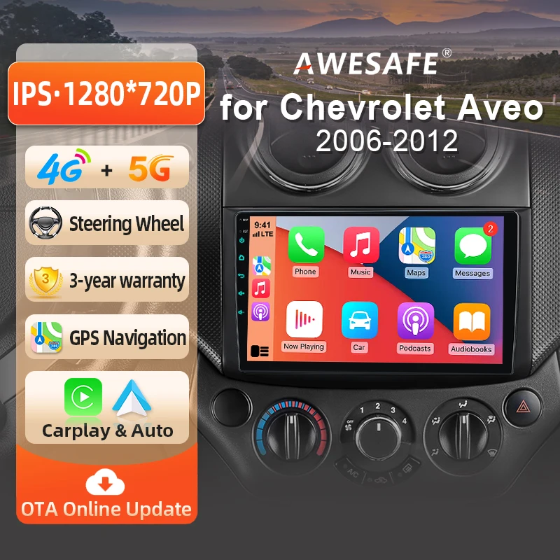 AWESAFE Radio Android 9 pouces pour Chevrolet Aveo T250 2006-2012, CarPlay et Android Auto sans fil, navigation GPS, support multimédia, commande au volant, amplificateur de subwoofer, caméra arrière, prise EU, Plug and Play, autoradio numérique DAB+, autoradio 2 DIN, stéréo RDS DSP FM