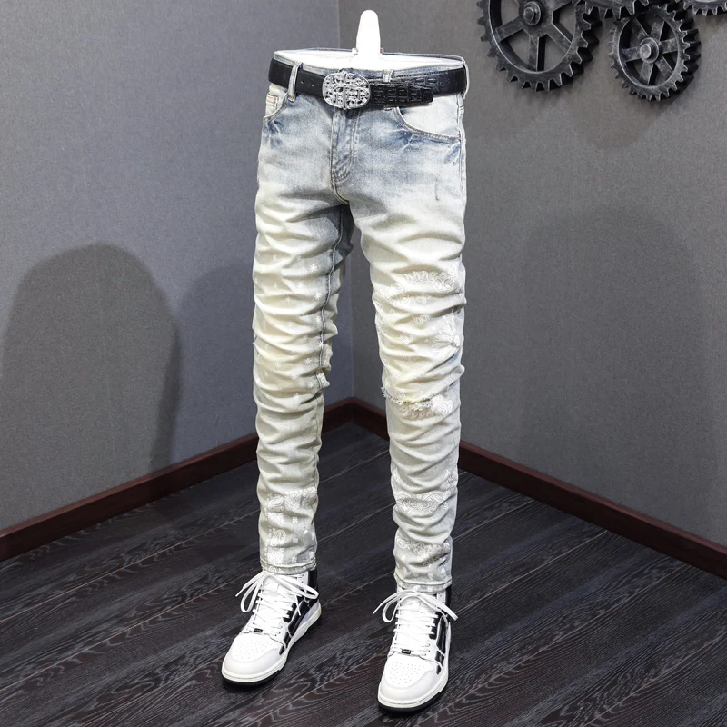Y2kDesigner fashion new men's jeans washed nostalgic stretch slim fit printed patch yellow blue jeans hip-hop brand pants Y2K