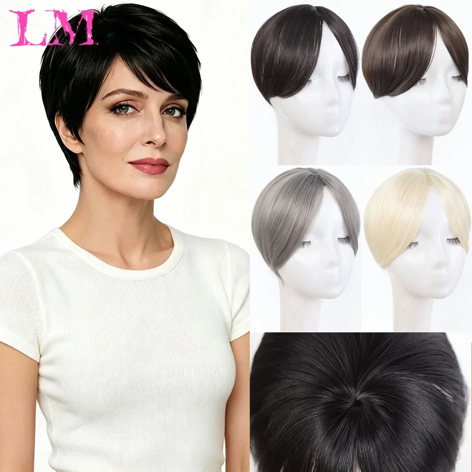 LM Straight Invisible Middle Part Hair Toupee Bangs Natural Looking Seamless Fluffy Synthetic Hairpiece for Women Topper Daily