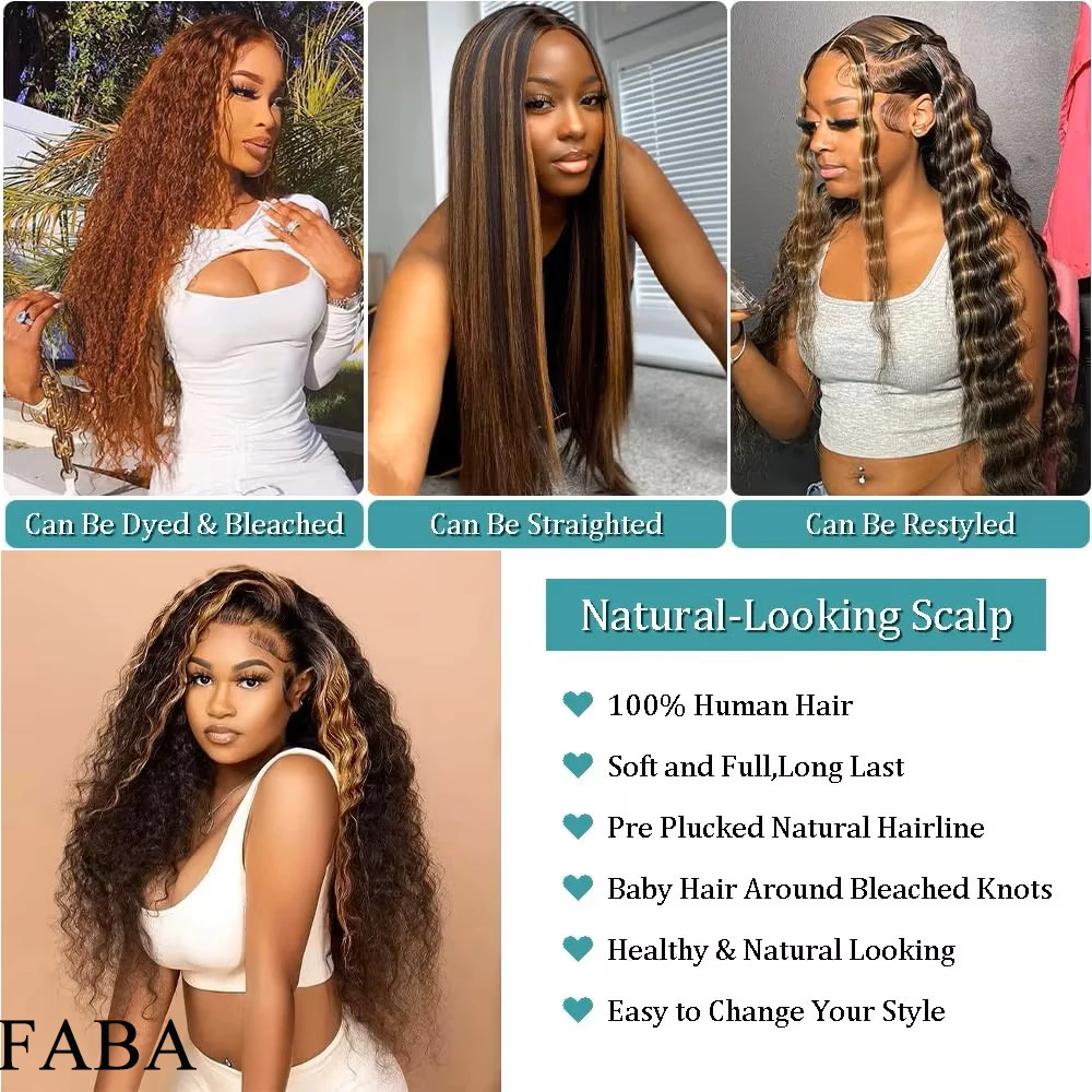 FABA Highlight Ombre Lace Front Wigs Human Hair with Baby Hair 1B/30 Highlight Ombre Curly Human Hair 13x4 HD Lace Front Wigs