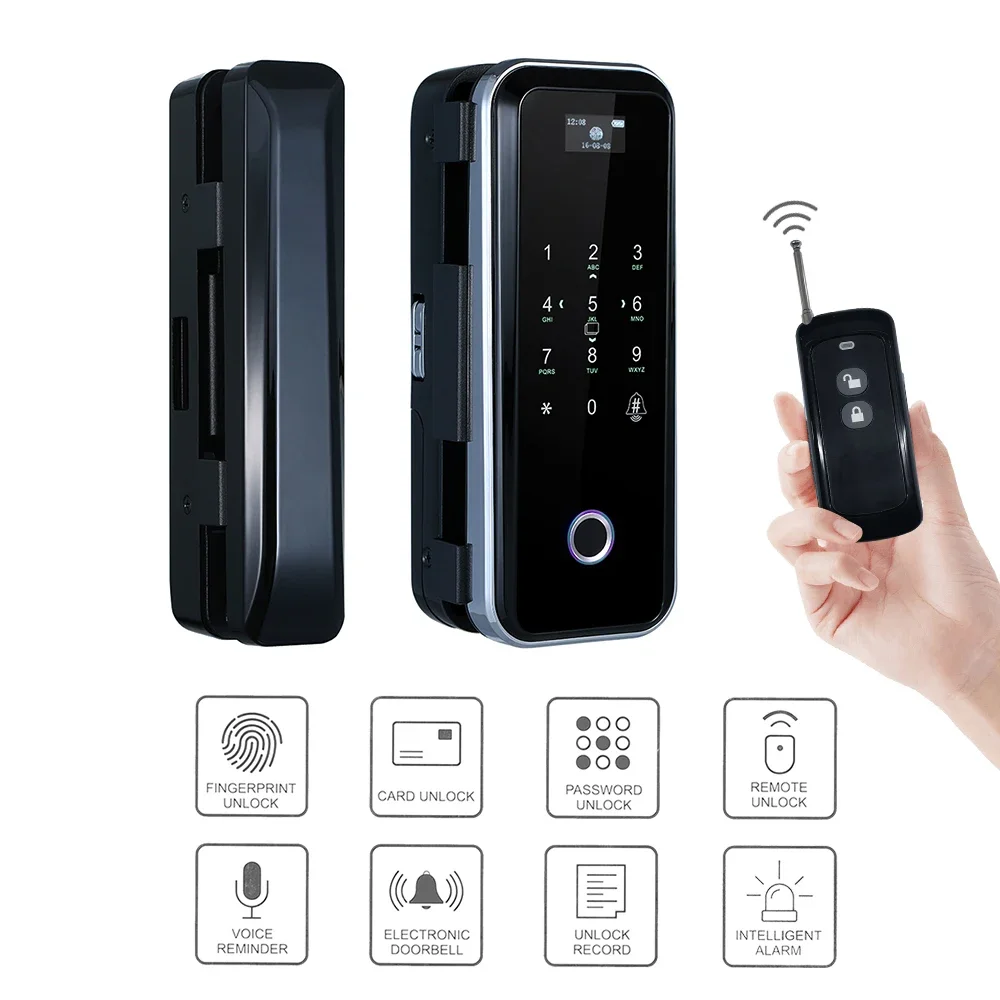 

Умный замок для стеклянных дверей с отпечатком пальца, 4 способа разблокировки, аудионавигация, дистанционное управление, защита от подглядывания и взлома, сенсорный парольный замок