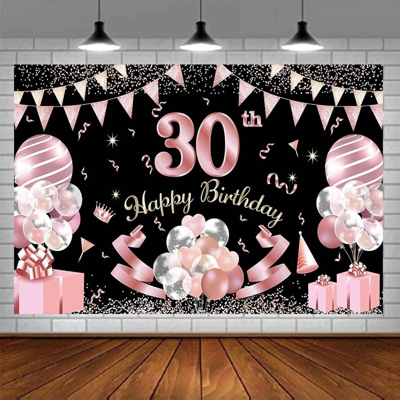 Fondo de fotografía para fiesta de 30 cumpleaños y pancarta de puerta, bandera de globo, póster de fiesta, decoraciones de pared de fondo de oro rosa
