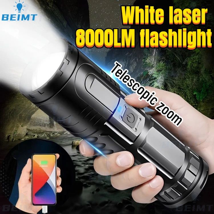 8000LM Super Bright White Laser Flashlight Type-C Rechargeable Small Handheld LED Spotlight for Outdoor Emergency Camping