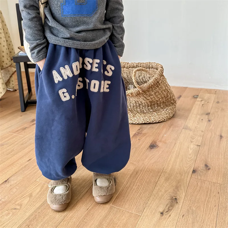 Autumn Winter Kids Letters Fleece sweatpants Girls warm thicken trousers Boys loose casual pants