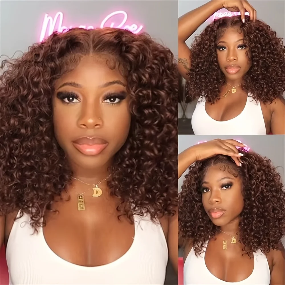 Curly Short Bob Wig Human Hair Deep Wave 13x4 Lace Front Wigs For Black Women Human Hair Pre Plucked Short Wet And Wavy Chocolate Brown #4 Curly 250% Density Lace Front Bob Wig view 4