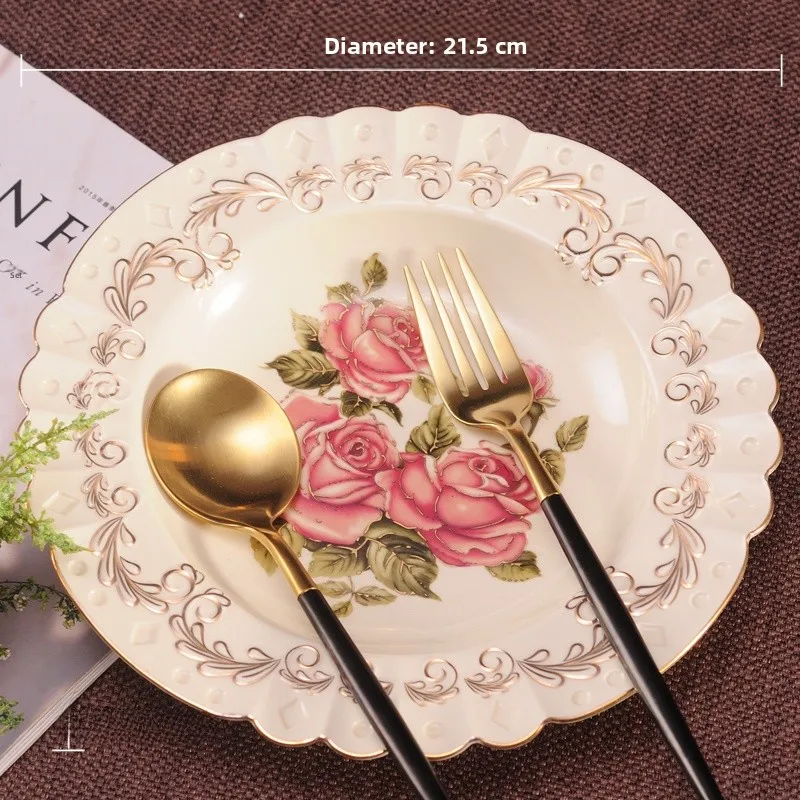 

American Sle Retro Cerc Dinnerware Gold Rimmed Rose Pattern Fruit Di Dert Plate round ape New Bone China