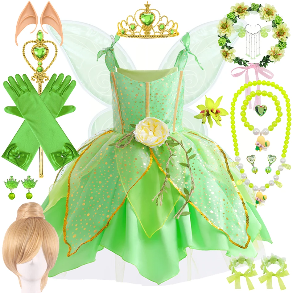 Vestido de princesa de flor de menina com asas, Cosplay infantil, vestidos extravagantes verdes, Tinkerbell, Carnaval, Festa de Halloween