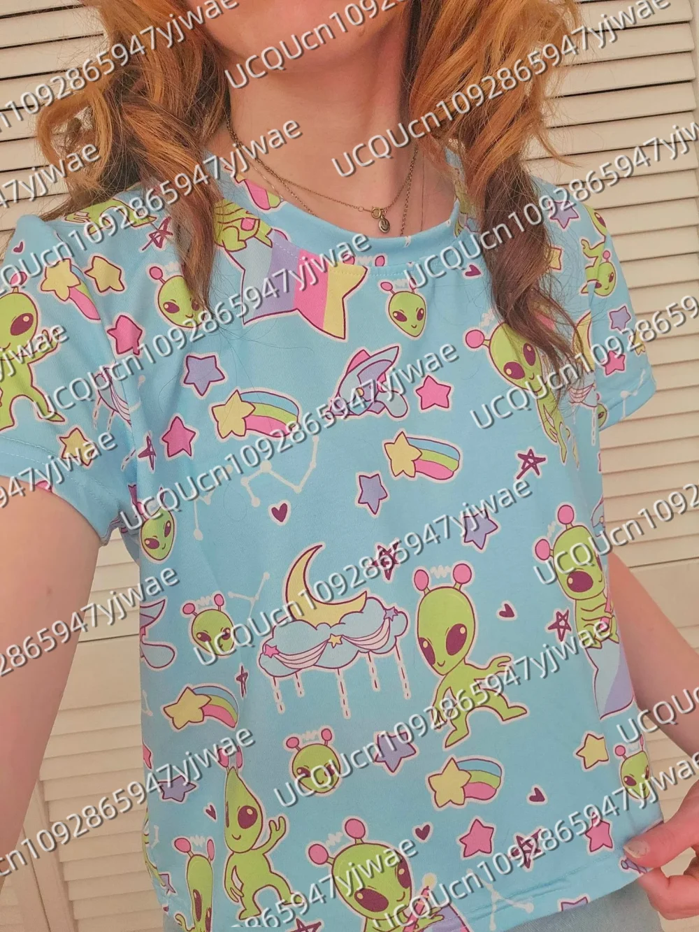 

Pastel Alien Cropped Tee with Rainbows and Stars Women's Short Sleeve Casual T-shirt Kawaii Fairy Kei Yume Kawaii Unisex