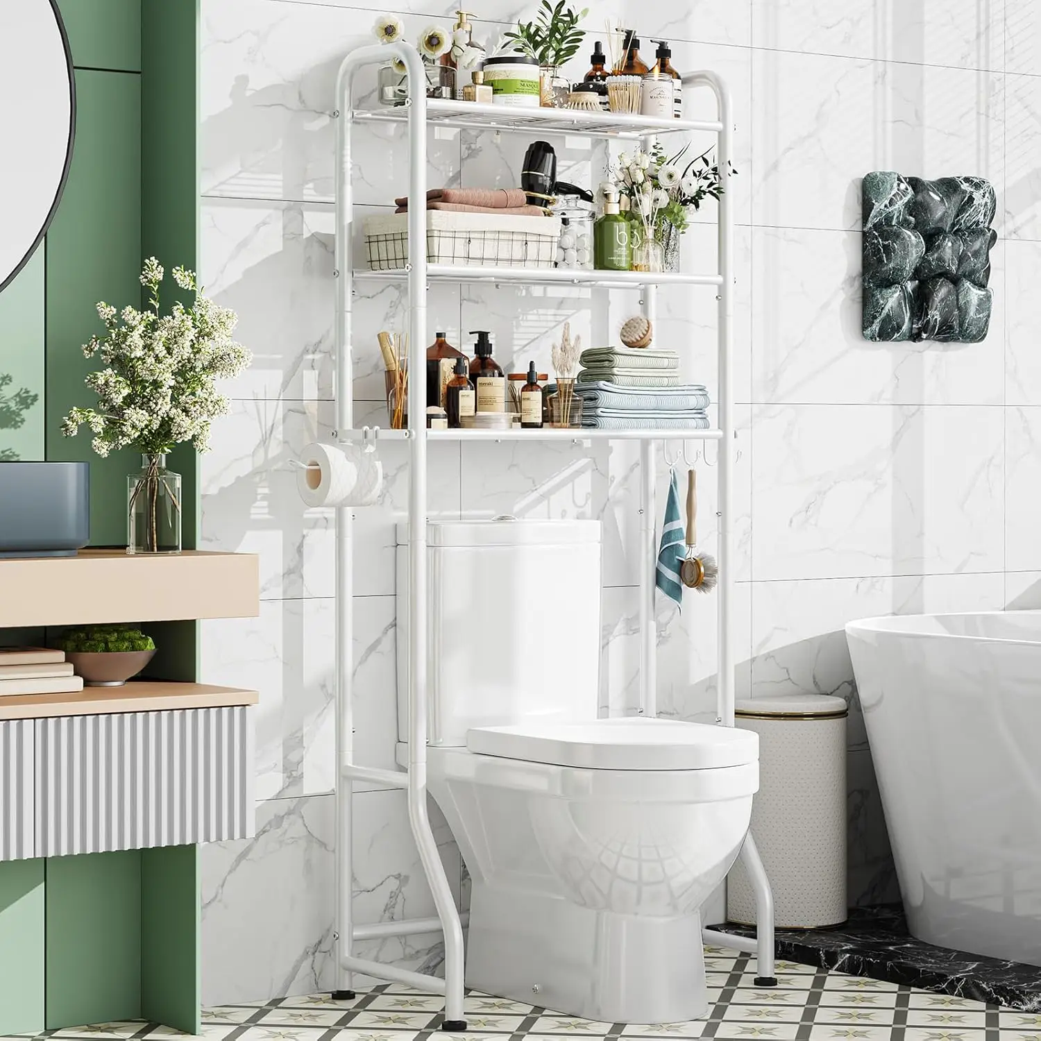 

3-Tier Metal Bathroom Shelf with Paper Holder & Hooks, Freestanding Over-Toilet Storage Rack in White