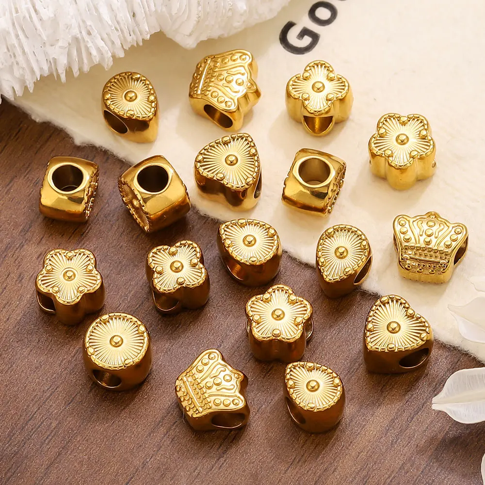 

5Pcs Stainless Steel Various Shape Gold Texture Spacer Beads Large Holes Crown Bead for DIY Bracelet Jewelry Making Accessories