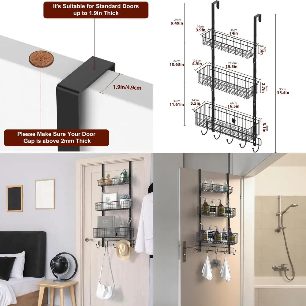 

3-Tier Metal Door Hanger with Hooks, Black Storage Shelf for Towels and Baskets, Ideal for Bedroom and Bathroom Use
