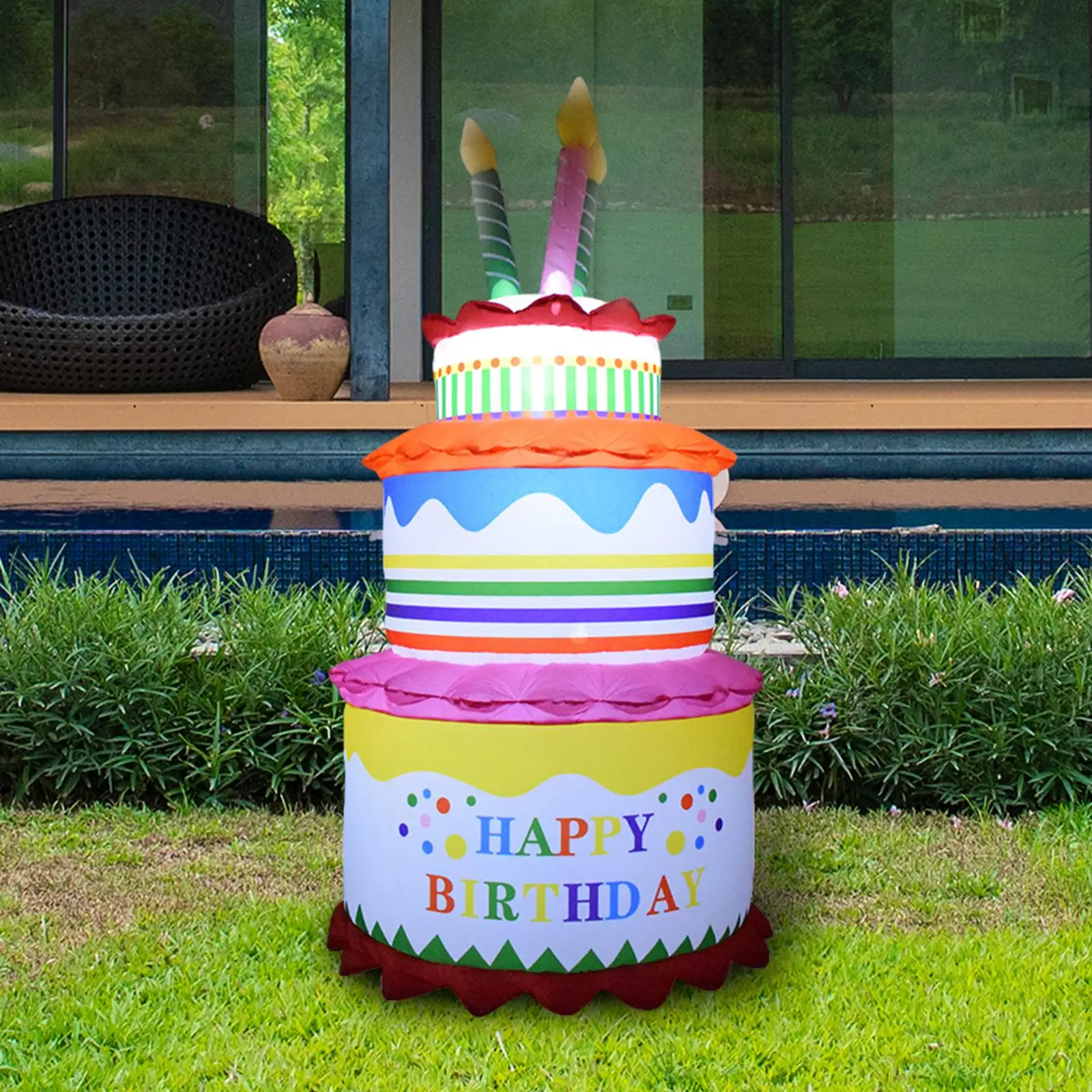 

Inflatable Happy Birthday Cake Novelty Anniversary Decorations Photo Props LED Light for Yard Birthday Garden Indoor Celebration