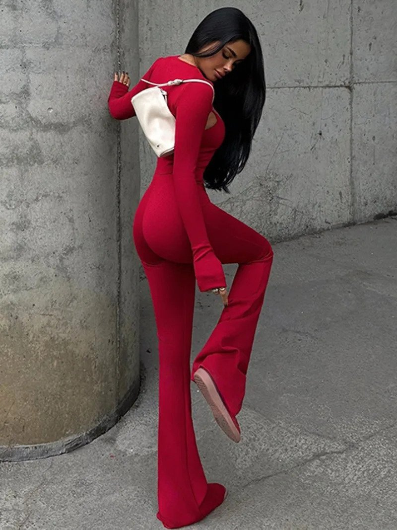 Women's Spaghetti Strap Jumpsuits Fashion Casual O-neck Long Sleeve Overalls 2 Piece Set Red Coffee Fitness Sports Bodysuits Y2K