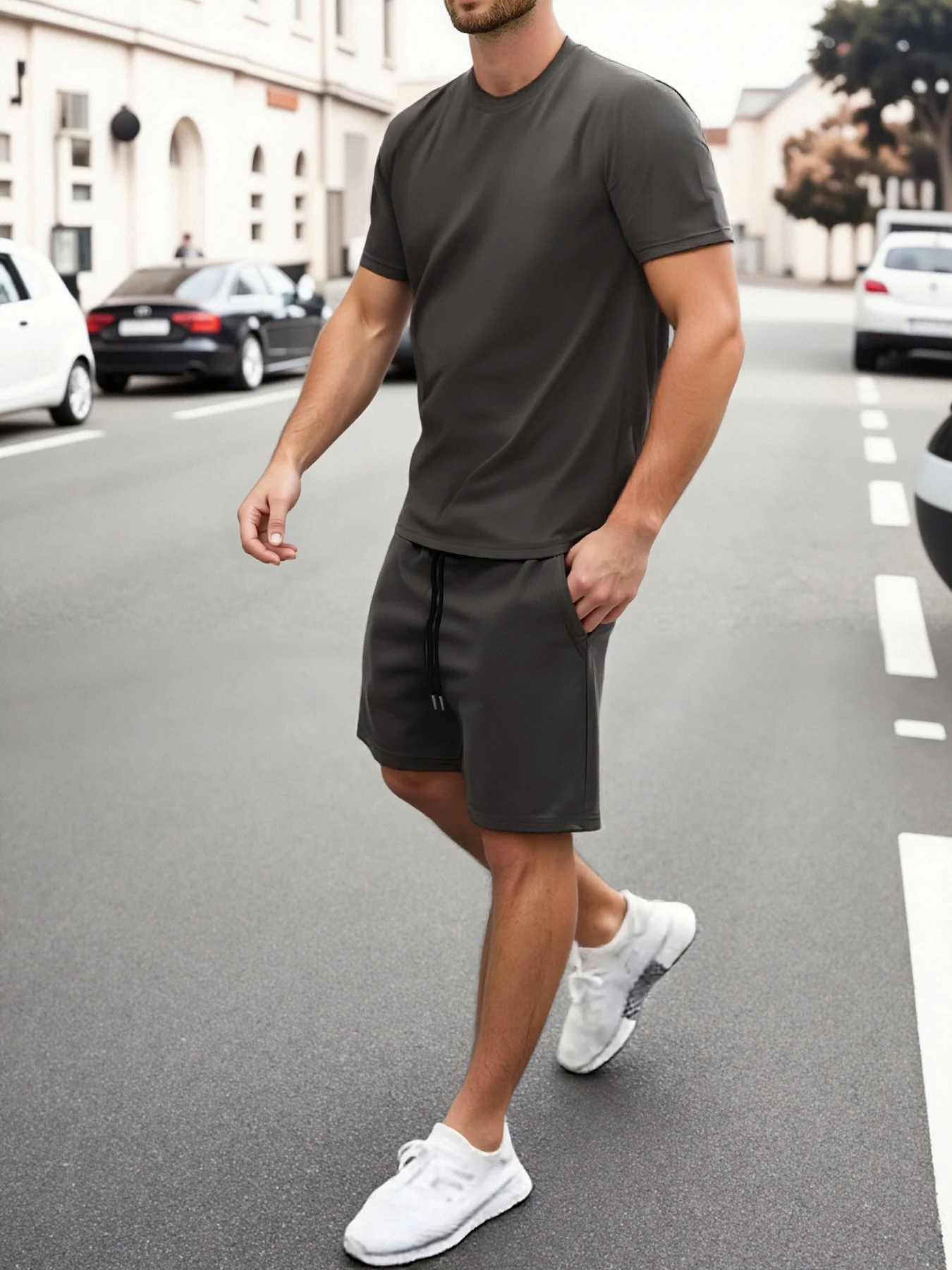 

Men's 2 Piece Solid Dark Gray Tracksuit, Crew Neck Short Sleeve T-Shirt & Drawstring Shorts Summer Casual Outfit
