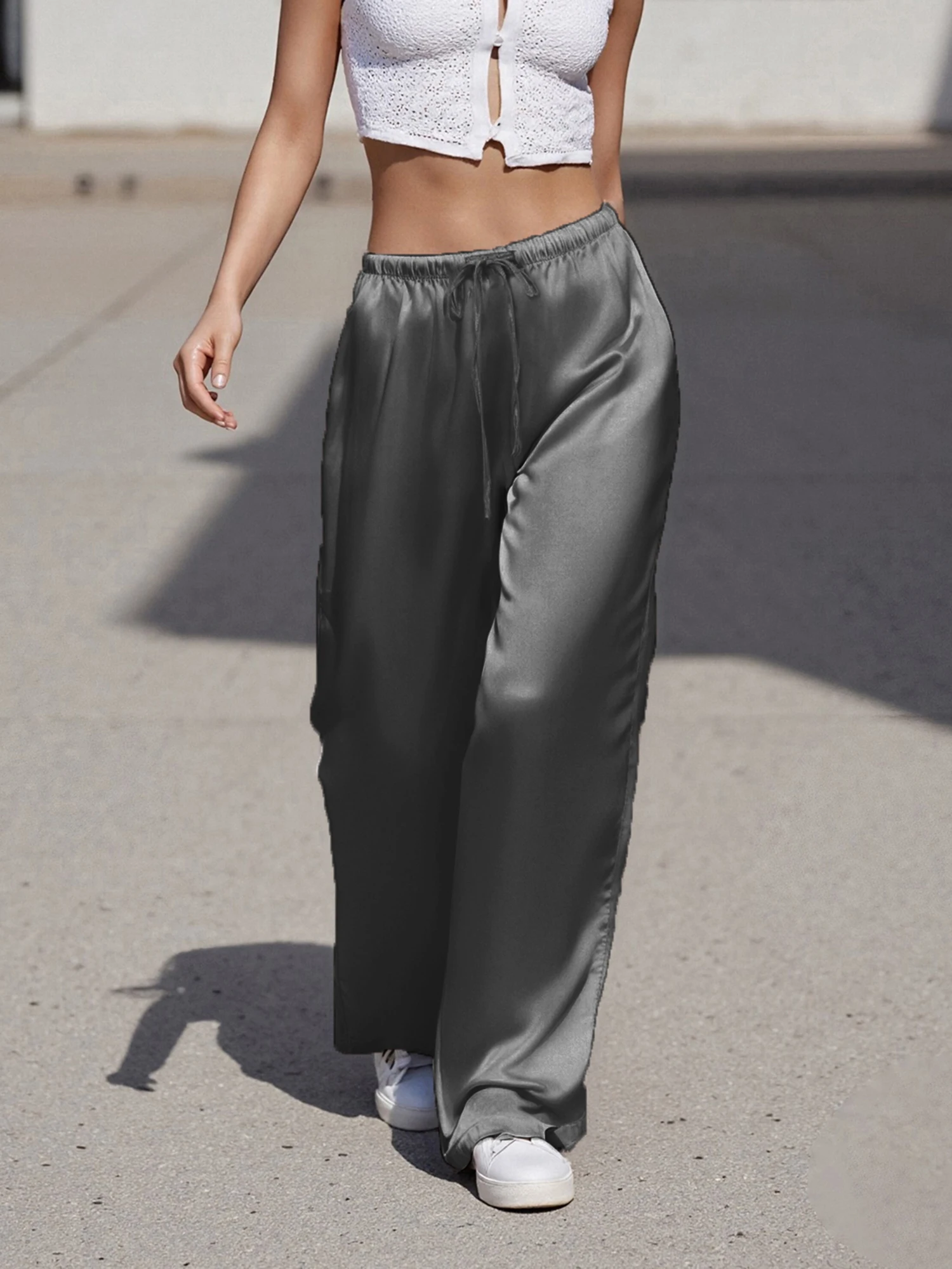 Calças femininas de seda com pernas largas, cordão, cintura alta, cor sólida, calças soltas, calças fluidas