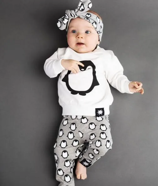 Newborn Infant Baby Clothes Outfits Fashion Long Sleeve Penguin T-shirt+Pants 2PCS Baby Boys Girls Clothing Sets