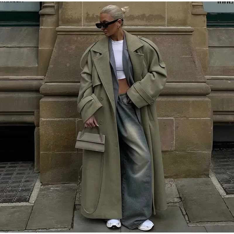 Whisper Lumi Vintage Double Breasted Lapel Women Long Coat Elegant Loose Jacket With Belt Autumn Casual Ladies Streetwear