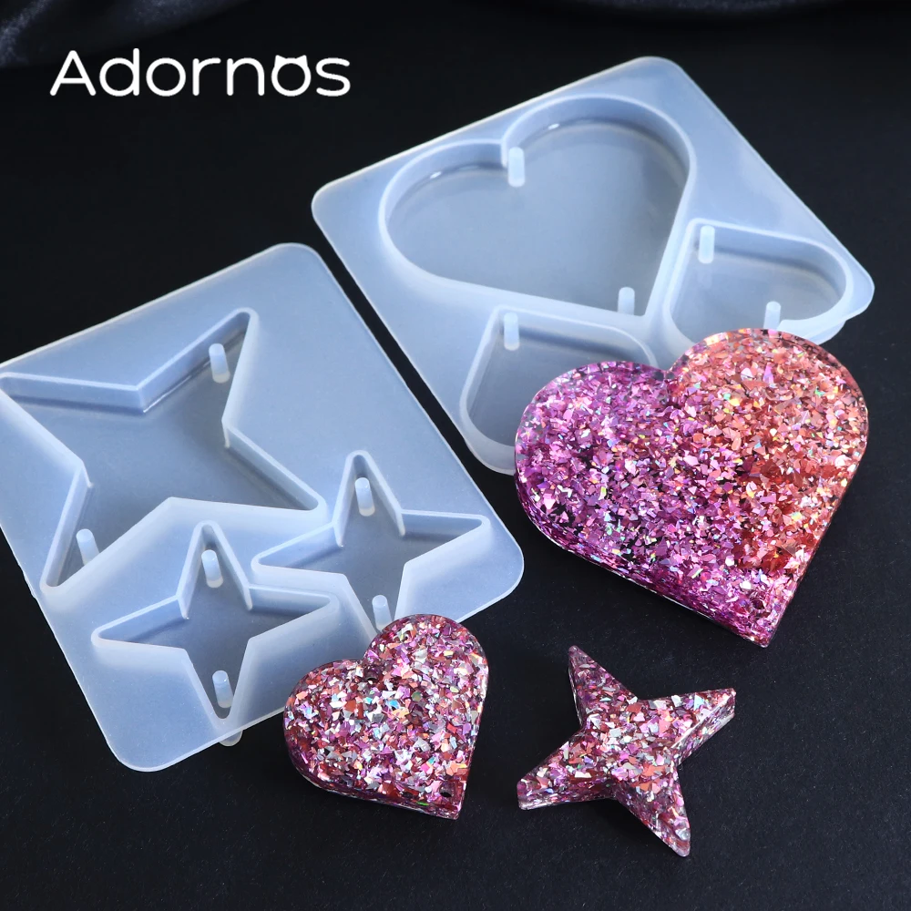Different Sizes Love Heart Star Epoxy Resin Mold Double Hole Heart Four-Pointed Star Valentines DIY Keychain Resin Silicone Mold