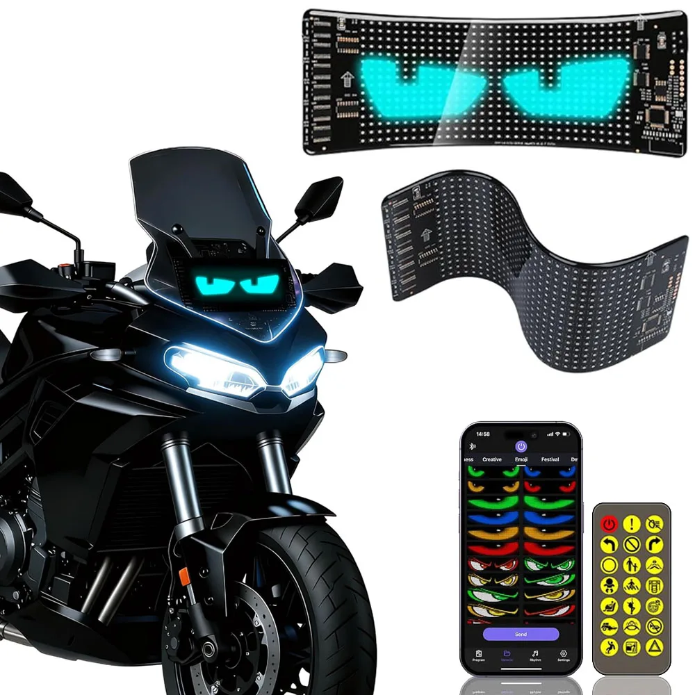 Motorcycle Windshield LED Devil Eye Light, 16×32 Programmable Pixel Panel, App & Remote Control for Universal Bike Decoration