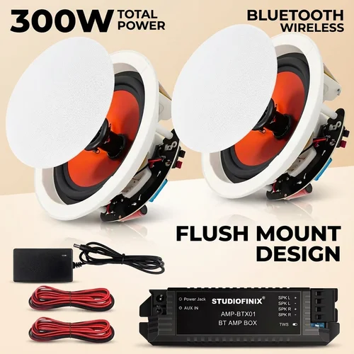 STUDIOFINIX Altavoz de techo Bluetooth de 6,5 pulgadas Potencia máxima de 300 W para cocina Sala de estar Sala de estudio Sótano y patio cubierto 2 piezas