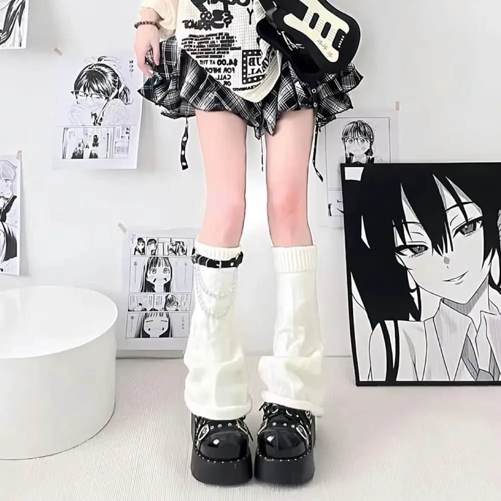 Japanese Style Harajuku Knit Leg Warmers Slouchy Knit Chain Leg Warmers Socks Loose Striped Stacked Boot Socks Streetwear Style