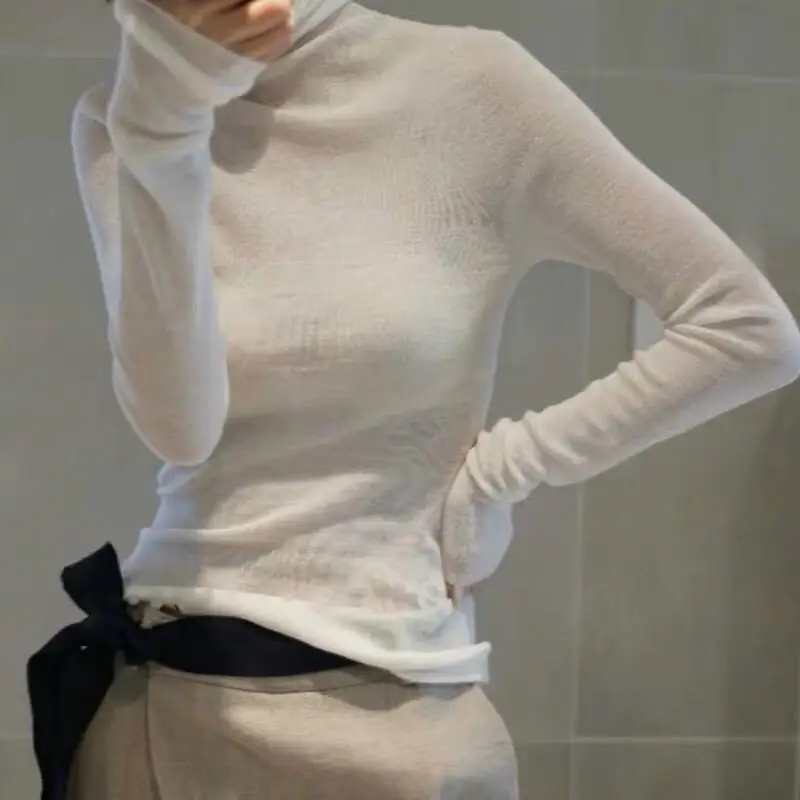 Women's High Collar Slim Fit Cashmere Sweater Thin Knitted Wool Base Layer T-Shirt Pure Color Fashionable Korean Style