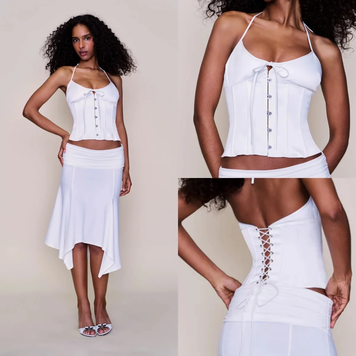 

Guiz White Satin Fishbone Corset Summer Sexy Women's Camisole V-Neck Design Adjustable Back Straps Slimming Elegant Style Sexy Hot Girl Camisole Top