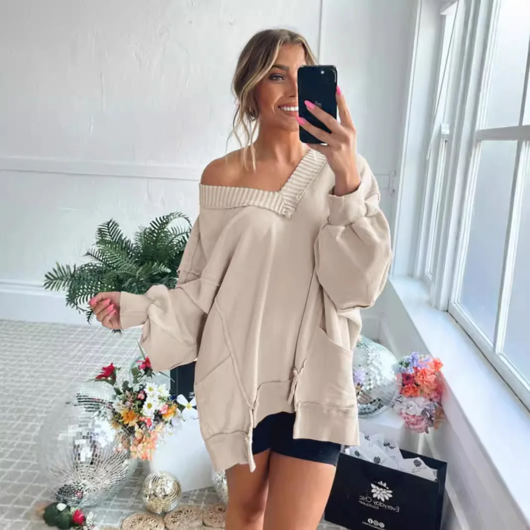 Women's Pullover Tops Spring Autumn Lady's Lantern Sleeve Loose V-neck Sweatshirt Female Irregular Hem Long Sleeved Tops