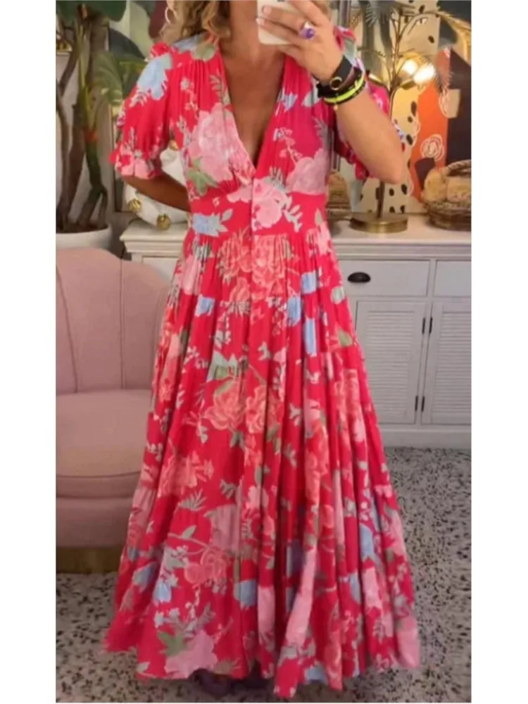 

Sexy V-neck Floral Maxi Dress For Women 2025 Casual Beach Holiday Long Dress Summer Short Sleeve Print Elegant Woman Dresses
