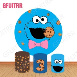 Cartoon Cookie Monster Round Photo Backdrop Kids 3rd Birthday Party Decoration Baby Shower Circle and Cylinder Cover Photo Props