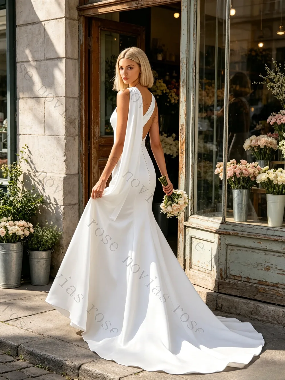 Customized One Shoulder Satin Mermaid Wedding Dress Elegant Neckline Long Train 2026 Simple Bridal Gown for Beach Ceremony