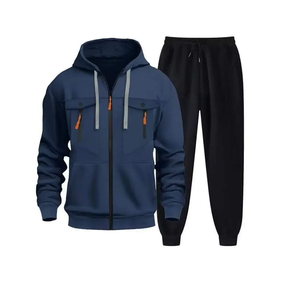 

2025 Autumn/Winter New Men Fashion Trend Brand Zipper Multi Pocket Hoodie Set Outdoor Leisure Trend Brand Sports Two Piece Set