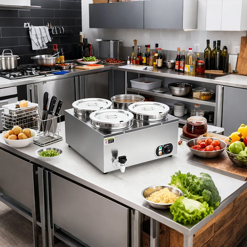 

Коммерческий подогреватель супа, ресторан, кухонное оборудование, изолированный чайник для супа, подогреватель еды для шведского стола с 4 кастрюлями, 7 л для общественного питания, 110/220 В