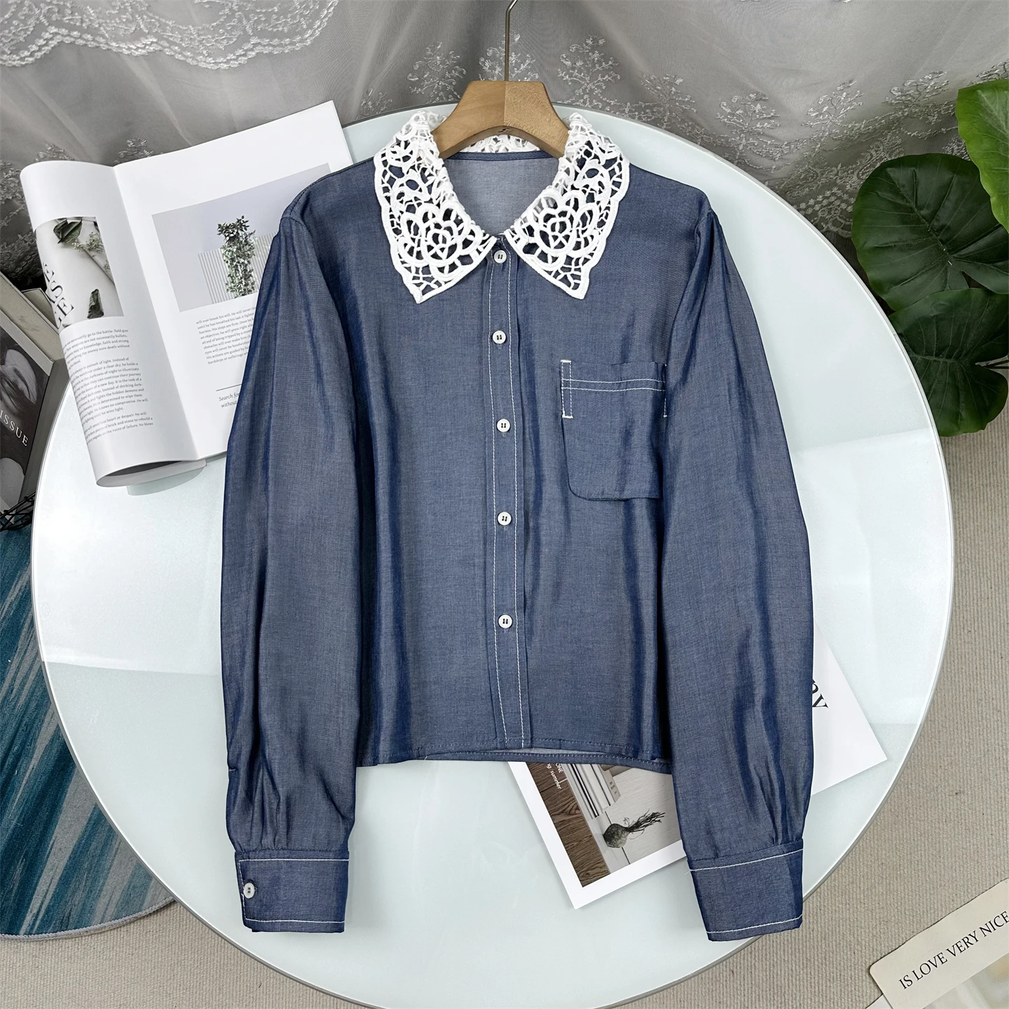 

Gentle Style Lace Doll Collar Lyocell Denim Shirt Jacket Women's Loose Fit Long Sleeve Summer 2026 Fashion Outerwear