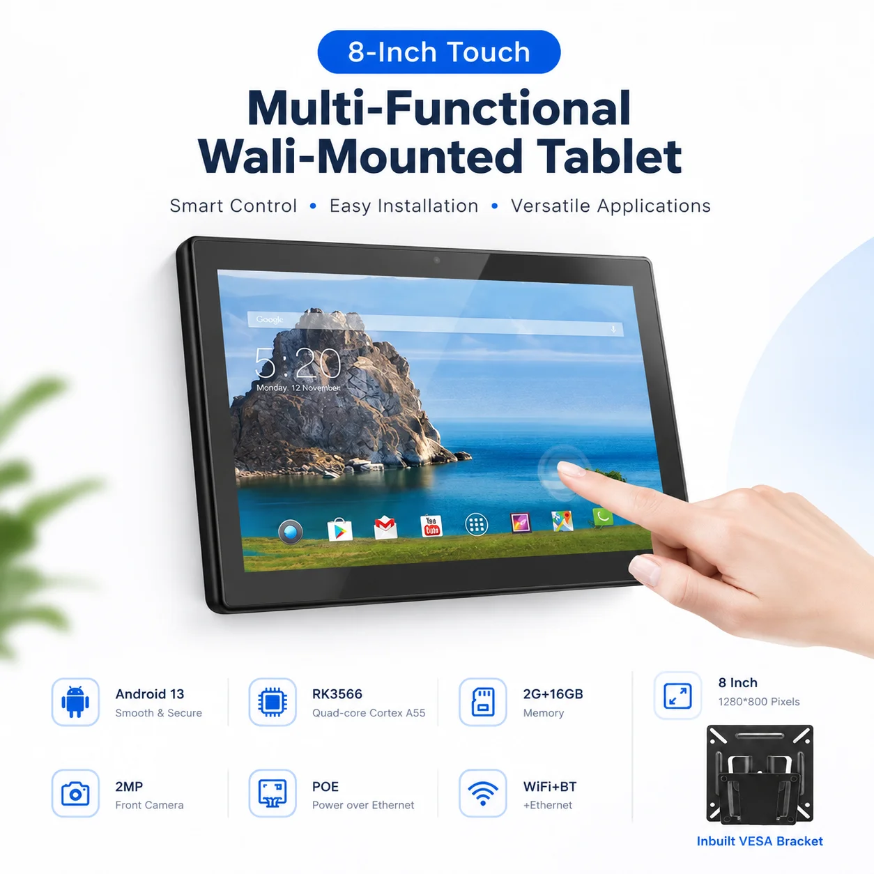 8-Inch Capacitive Touch Multi-Functional Wall-Mounted Tablet with Android 13, Usable for Conference Multimedia Playback.POE