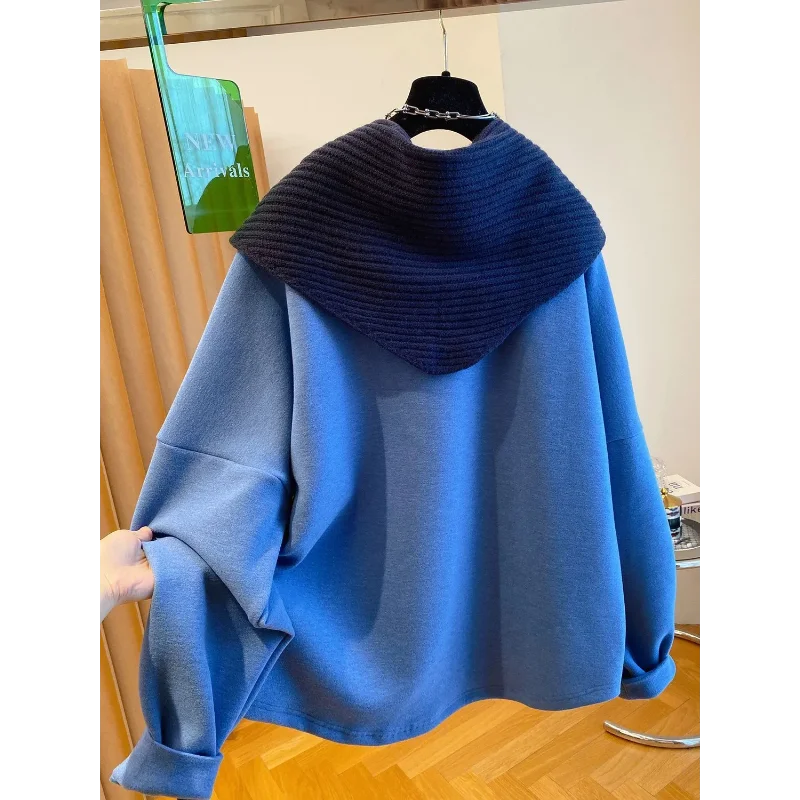 Blauw gebreide sjaal plus fleece sweatshirt voor dames herfst en winter losse casual top met ronde hals