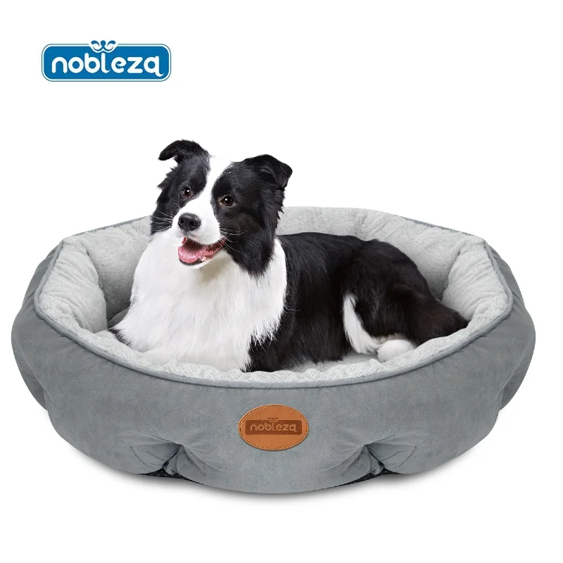 Nobleza Cama Perro Gato Grandes, Cama Lavable para Mascotas, Sofá Cama Redonda de Perros Antideslizantes y Antiestres, Felpa Corta Super Suave y Cómoda para el invierno, Gris, Ø80 x 18 cm