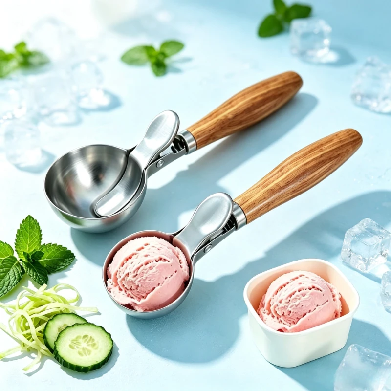 Ice Cream Scoop With Wood Handle Trigger Release Fruit Baller Spoon For Home Dessert Making Easy‑Grip Popsicle Spoon