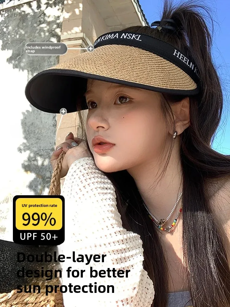 Women's Summer Beach Sun Hat Large Brim Hat Empty Top Black Glue Straw Hat UV Protection Face Covering Sun Hat Casual Style