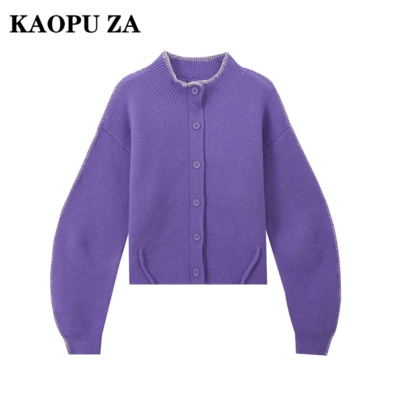 

KAOPU ZA 2024 New Autumn Woman's Casual Stand Collar Single-breasted Cardigan Coat Female Vintage Long Sleeve Knit Top Jacket