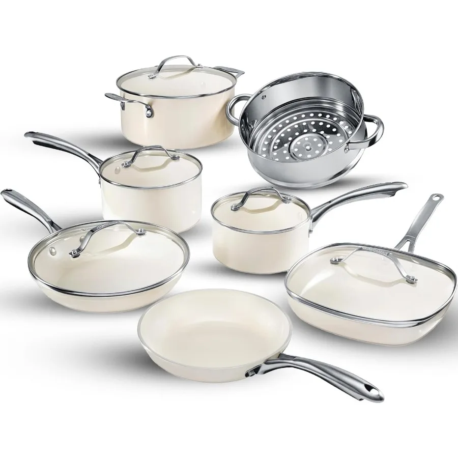 12 Pc Ceramic Cookware Set Nonstick Ceramic Pots and Pans Set Non Stick with Steamer for Cooking Non Toxic PFOA PFOS Free Premi