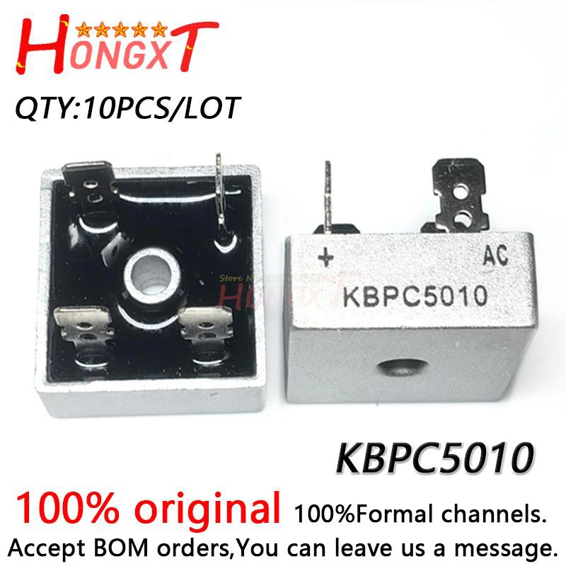 10PCS 100% NEW KBPC5010 rectifier bridge pier 50A 1000V 5010 square bridge single phase square flat foot.