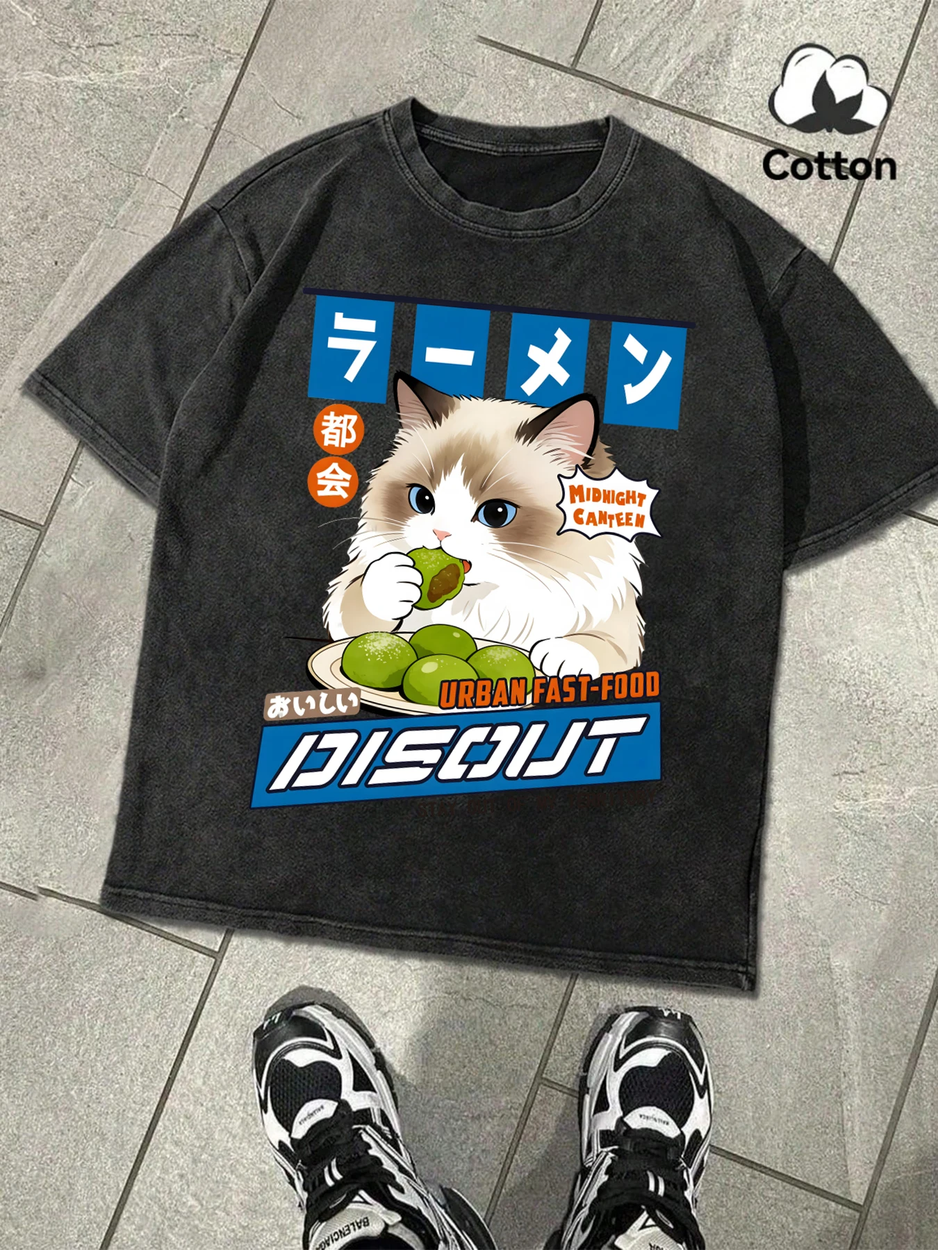 Puppet Cat That Likes To Eat Meatballs Printed Retro T-Shirt Man Cotton Breathable Tee Soft Snow Wash Clothing Unisex Colour Top